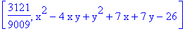 [3121/9009, x^2-4*x*y+y^2+7*x+7*y-26]